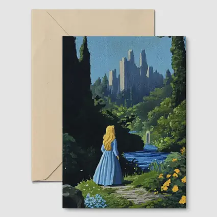 Blonde Girl Blue Dress Fantasy Castle Garden