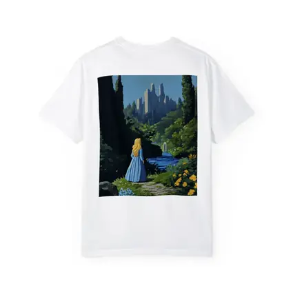 Blonde Girl Blue Dress Fantasy Castle Garden