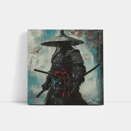 Dark Samurai Warrior Oil Painting Teal Background