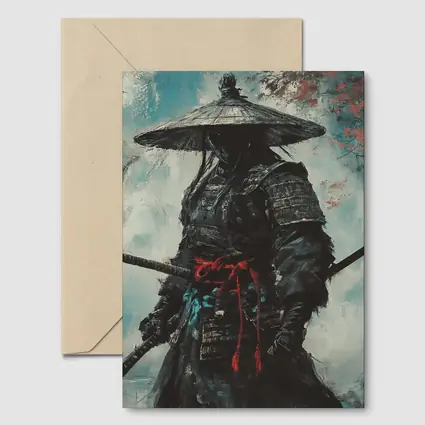 Dark Samurai Warrior Oil Painting Teal Background