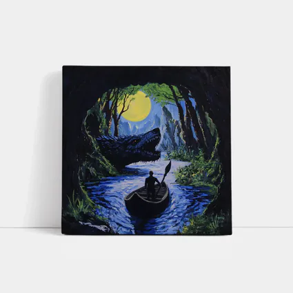 Man Rowing Boat Past Cave Dragon
