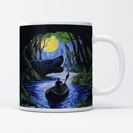 Man Rowing Boat Past Cave Dragon