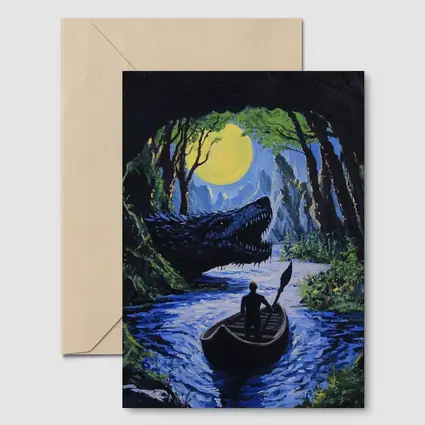 Man Rowing Boat Past Cave Dragon