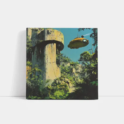 Retro Sci Fi Blimp Over Jungle Ruins