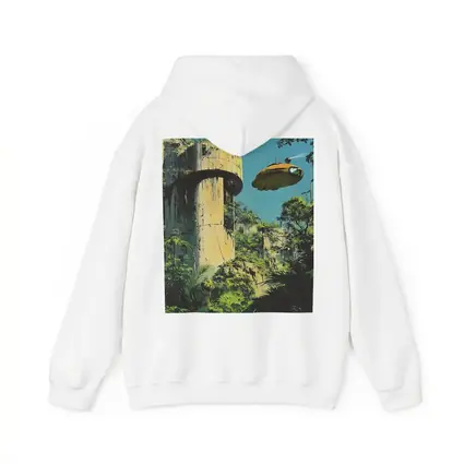 Retro Sci Fi Blimp Over Jungle Ruins