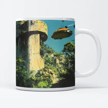 Retro Sci Fi Blimp Over Jungle Ruins