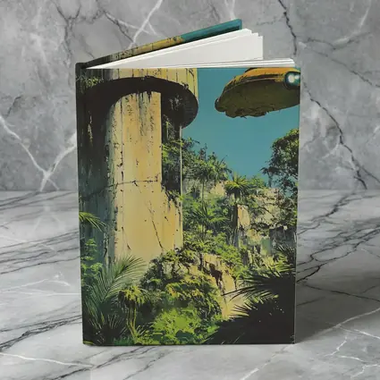 Retro Sci Fi Blimp Over Jungle Ruins