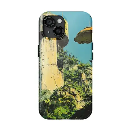 Retro Sci Fi Blimp Over Jungle Ruins