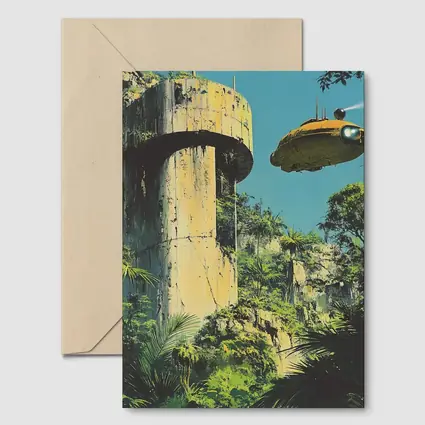 Retro Sci Fi Blimp Over Jungle Ruins