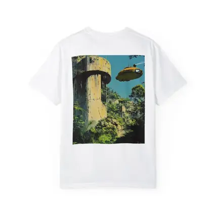 Retro Sci Fi Blimp Over Jungle Ruins