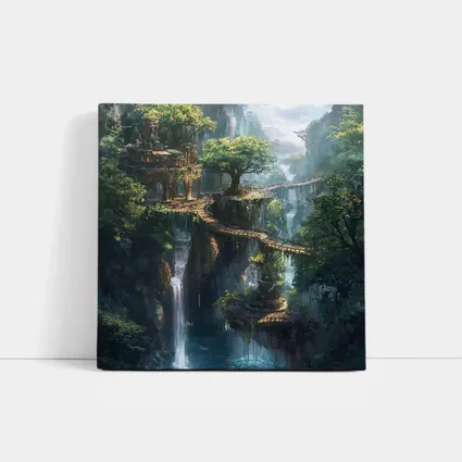 Fantasy Forest Ruins Waterfall Cliffside Bridge