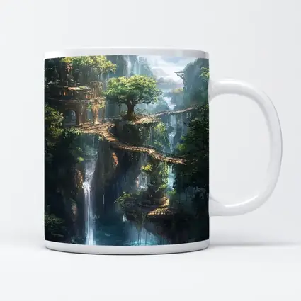 Fantasy Forest Ruins Waterfall Cliffside Bridge