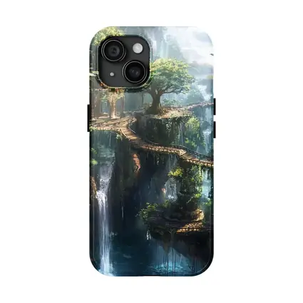 Fantasy Forest Ruins Waterfall Cliffside Bridge