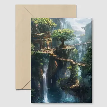Fantasy Forest Ruins Waterfall Cliffside Bridge