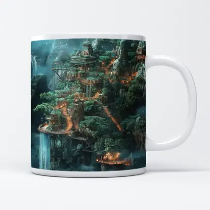 Fantasy Mountain Cliffside Temple Forest Waterfall