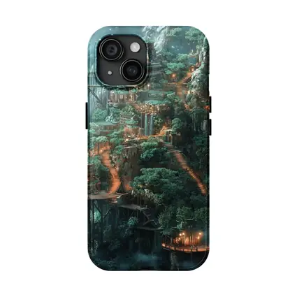 Fantasy Mountain Cliffside Temple Forest Waterfall