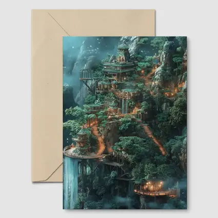 Fantasy Mountain Cliffside Temple Forest Waterfall