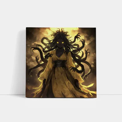Dark Anime Goddess Glowing Eyes Yellow Sky