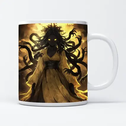Dark Anime Goddess Glowing Eyes Yellow Sky