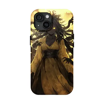 Dark Anime Goddess Glowing Eyes Yellow Sky