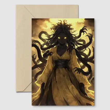 Dark Anime Goddess Glowing Eyes Yellow Sky