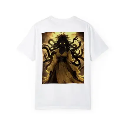 Dark Anime Goddess Glowing Eyes Yellow Sky