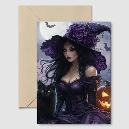 Gothic Witch Black Cat Halloween Night Art