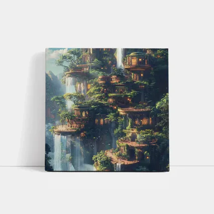 Fantasy Forest City Waterfalls Cliffside Architecture
