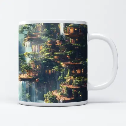Fantasy Forest City Waterfalls Cliffside Architecture