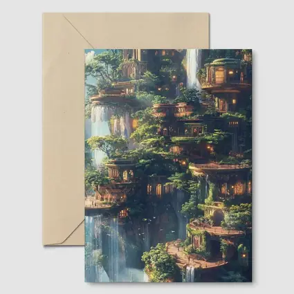 Fantasy Forest City Waterfalls Cliffside Architecture