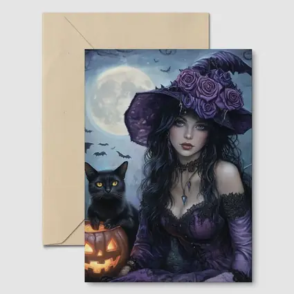 Gothic Witch Black Cat Halloween Moon Art