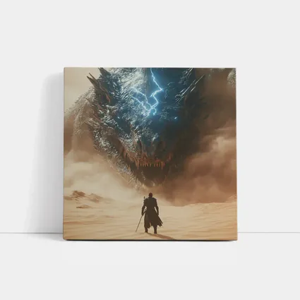 Warrior Facing Storm Dragon Desert Wasteland