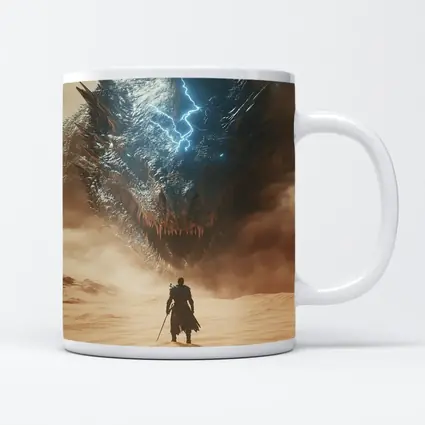 Warrior Facing Storm Dragon Desert Wasteland