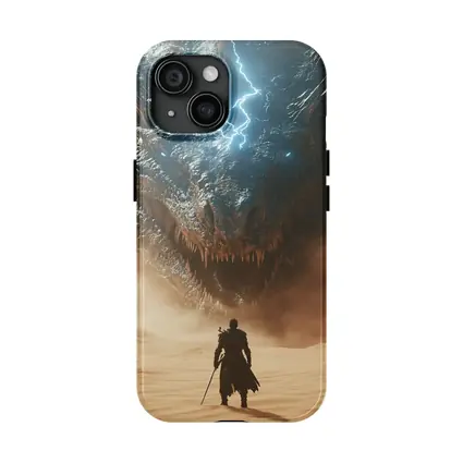 Warrior Facing Storm Dragon Desert Wasteland