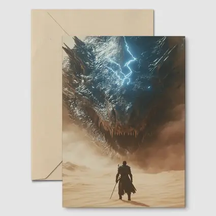 Warrior Facing Storm Dragon Desert Wasteland
