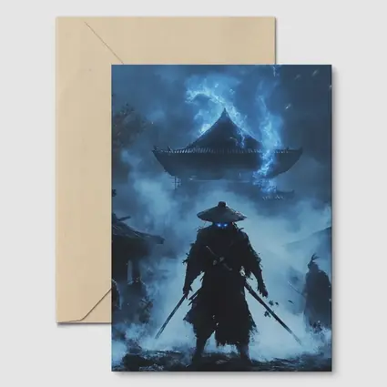 Glowing Eyes Samurai Temple Blue Night