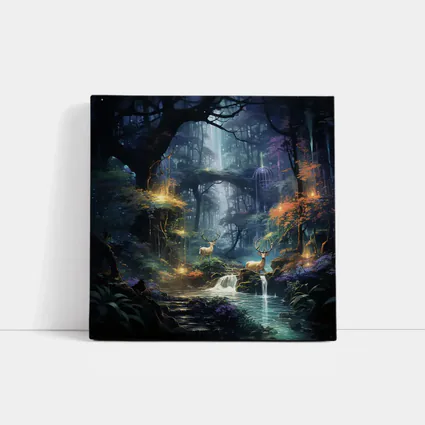 Enchanted Forest Deer by Glowing Waterfall