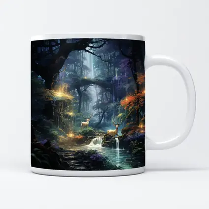 Enchanted Forest Deer by Glowing Waterfall