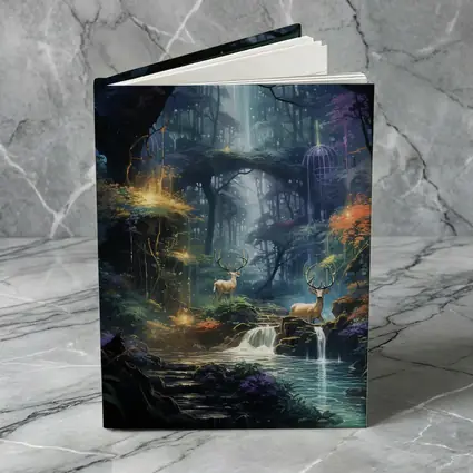 Enchanted Forest Deer by Glowing Waterfall