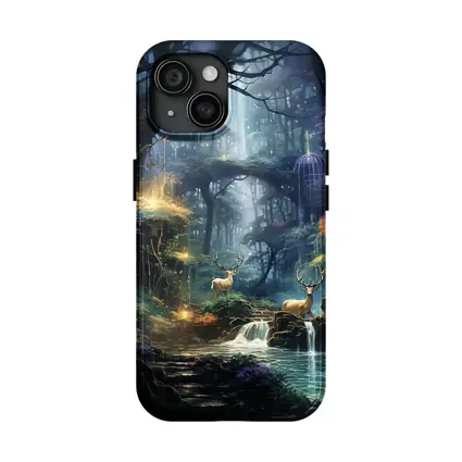 Enchanted Forest Deer by Glowing Waterfall
