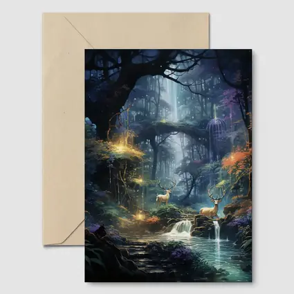 Enchanted Forest Deer by Glowing Waterfall