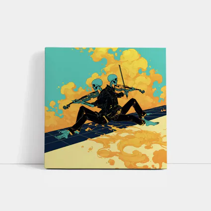Skeleton Duo Playing Violin Teal Background