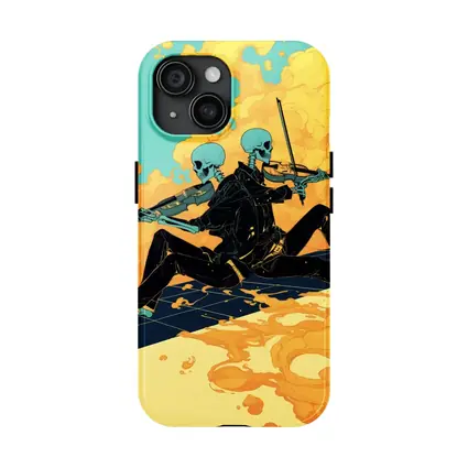 Skeleton Duo Playing Violin Teal Background