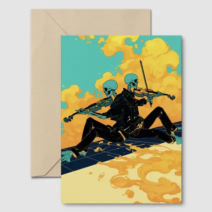 Skeleton Duo Playing Violin Teal Background