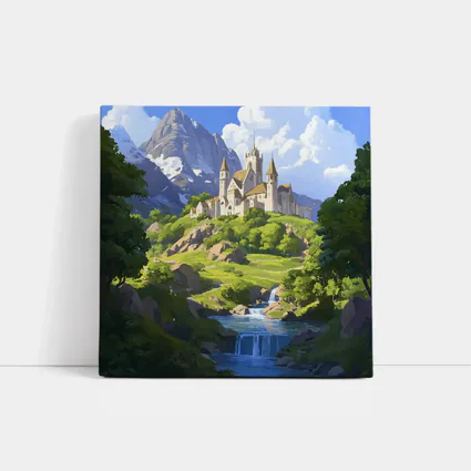 Fantasy Castle on Hill With Waterfall