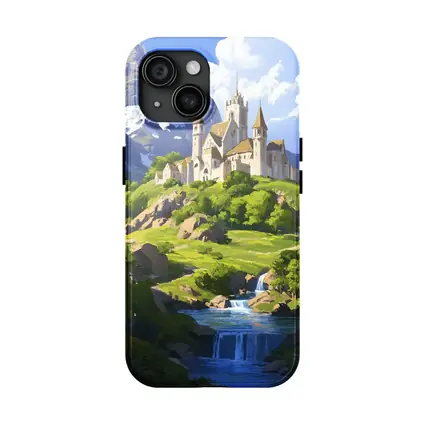 Fantasy Castle on Hill With Waterfall