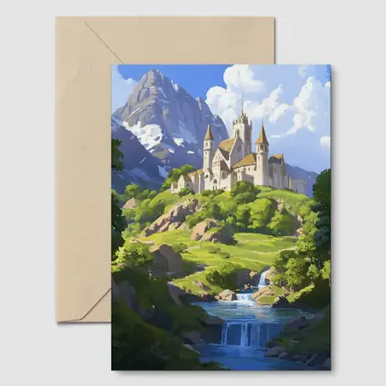 Fantasy Castle on Hill With Waterfall