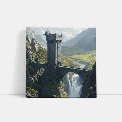 Fantasy Stone Tower Bridge Waterfall Mountains