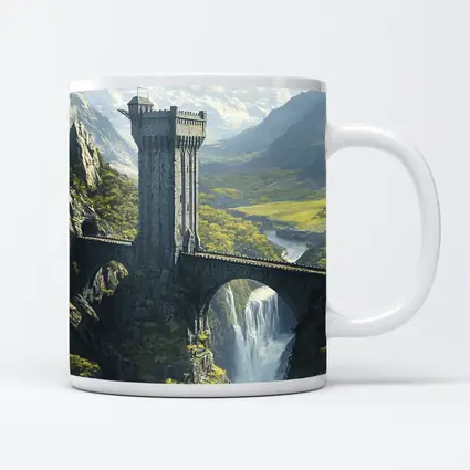 Fantasy Stone Tower Bridge Waterfall Mountains