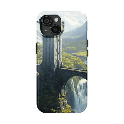 Fantasy Stone Tower Bridge Waterfall Mountains